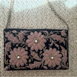 Vtg Zardozi Handmade Velvet Evening Purse Clutch with Gemstones Flowers Pink